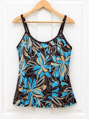 BALTEX Floral Tankini Top 1X Brown Blue Swim Shelf Bra Plus Size